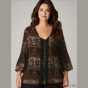 Fashion Bug Women's Size 1X Brown Black Button Dark Fairy Core Bell Sleeve Top